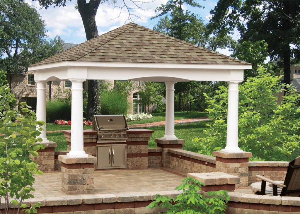 white Victoria outdoor Pavilion by Miller's Mini Barns